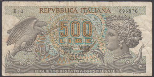 Italy 500 lire 1966 vf - italy,