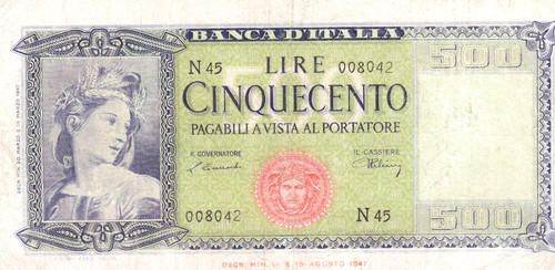 Italy 500 lire 1947 vf - italy, f-vf